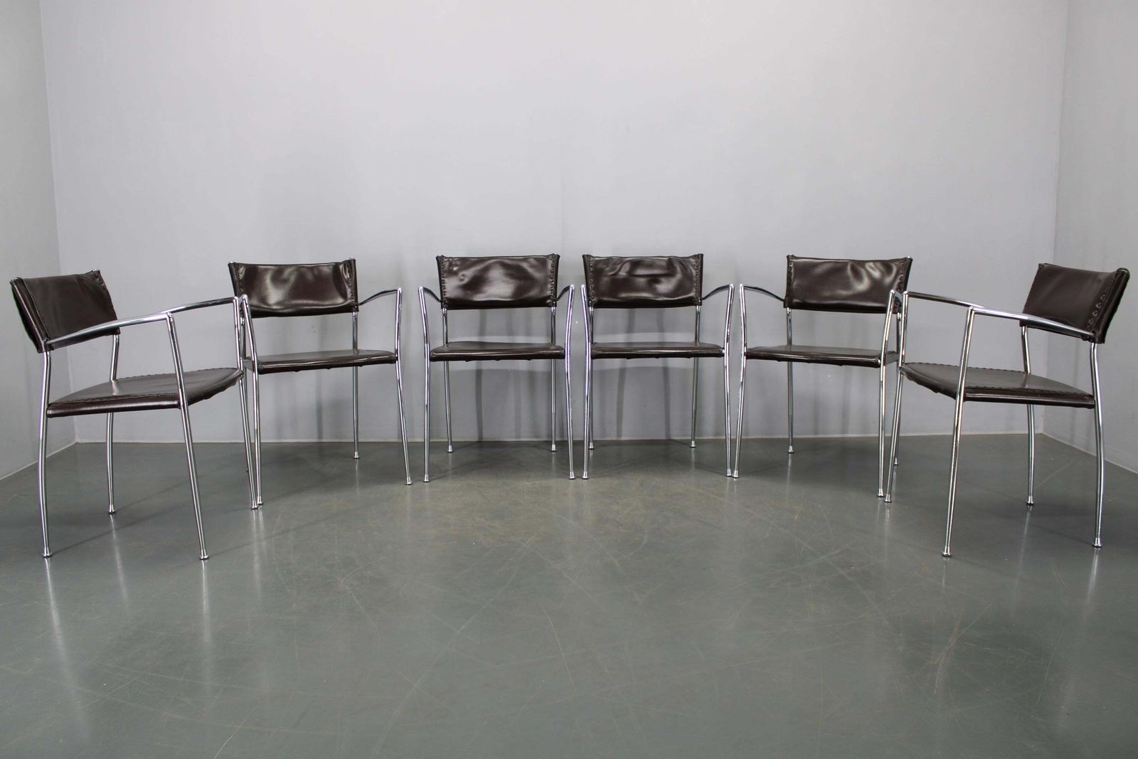 Set Of Six Italian Leather And Chrome Armchairs By Arper photo furniture