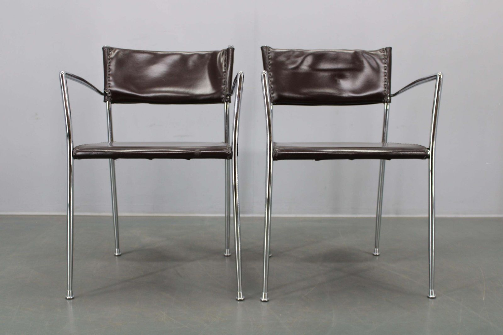 Furniture Set Of Six Italian Leather And Chrome Armchairs By Arper photo
