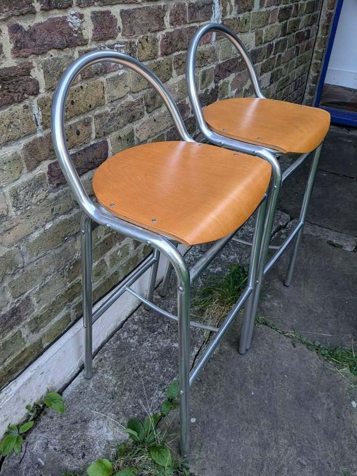 Pair Of Mid Century Modern Italian Style Bar Stools With Chrome Frames And Beech Wood Seats photo furniture