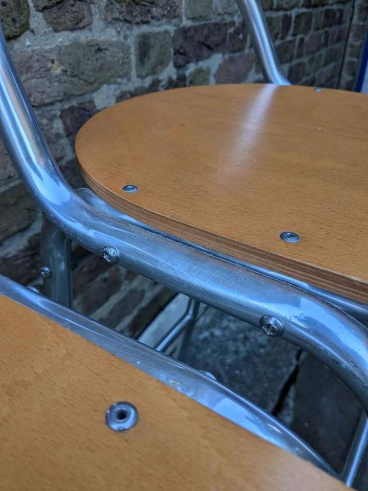 Pair Of Mid Century Modern Italian Style Bar Stools With Chrome Frames And Beech Wood Seats photo for sale