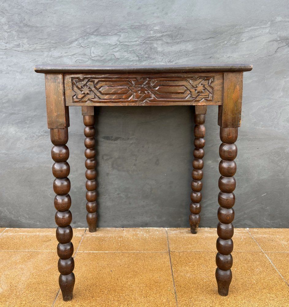 Spanish Barley Twist Side Table With Geometric Carved Top, 1930s photo furniture