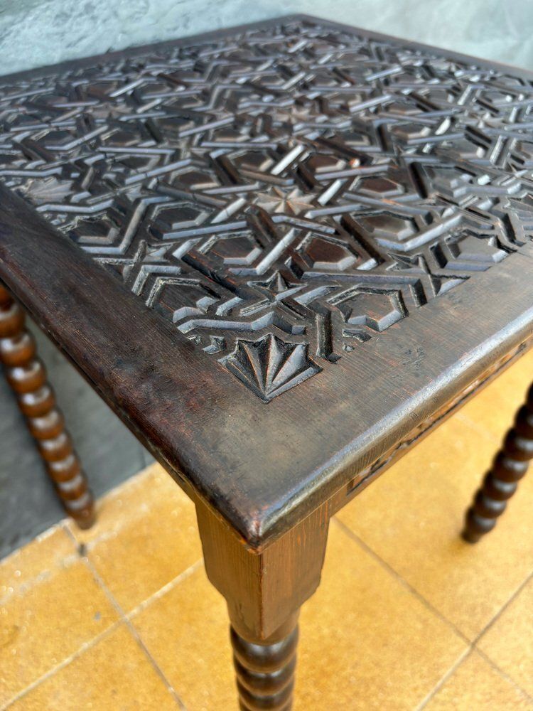 Spanish Barley Twist Side Table With Geometric Carved Top, 1930s photo Furniture