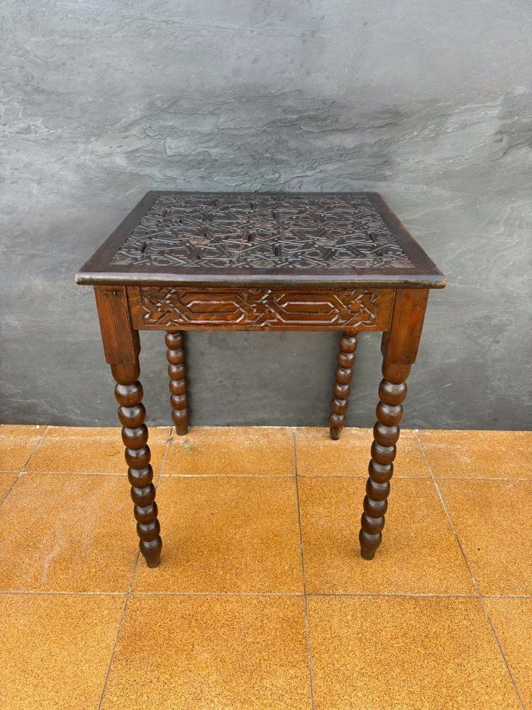 photo furniture Spanish Barley Twist Side Table With Geometric Carved Top, 1930s