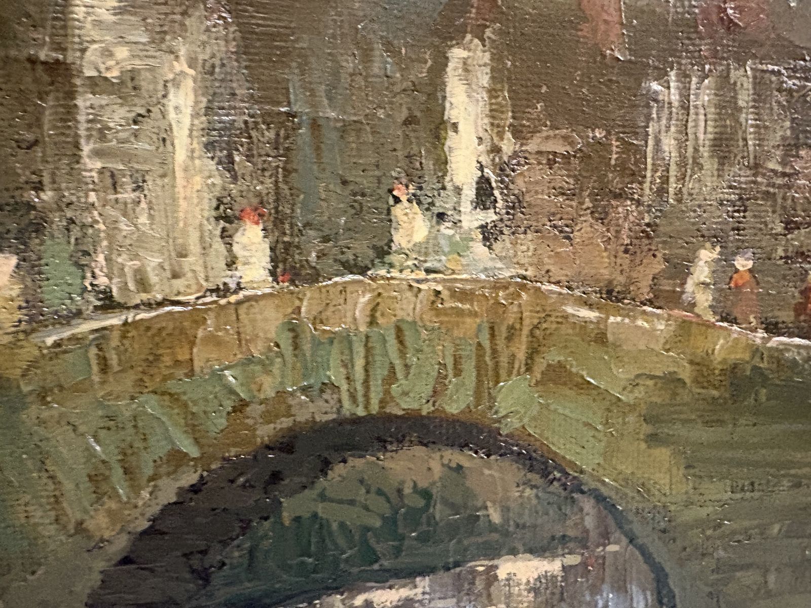 Oil Painting Of Figures On A Bridge In A Continental City By E A Minardo 1940s photo for sale