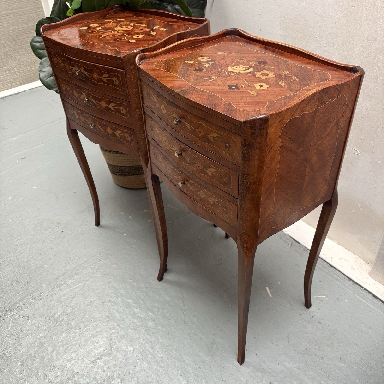 Pair French Provincial Inlaid Tulip Wood “Chevets” Nightstands Bedside Tables photo vintage