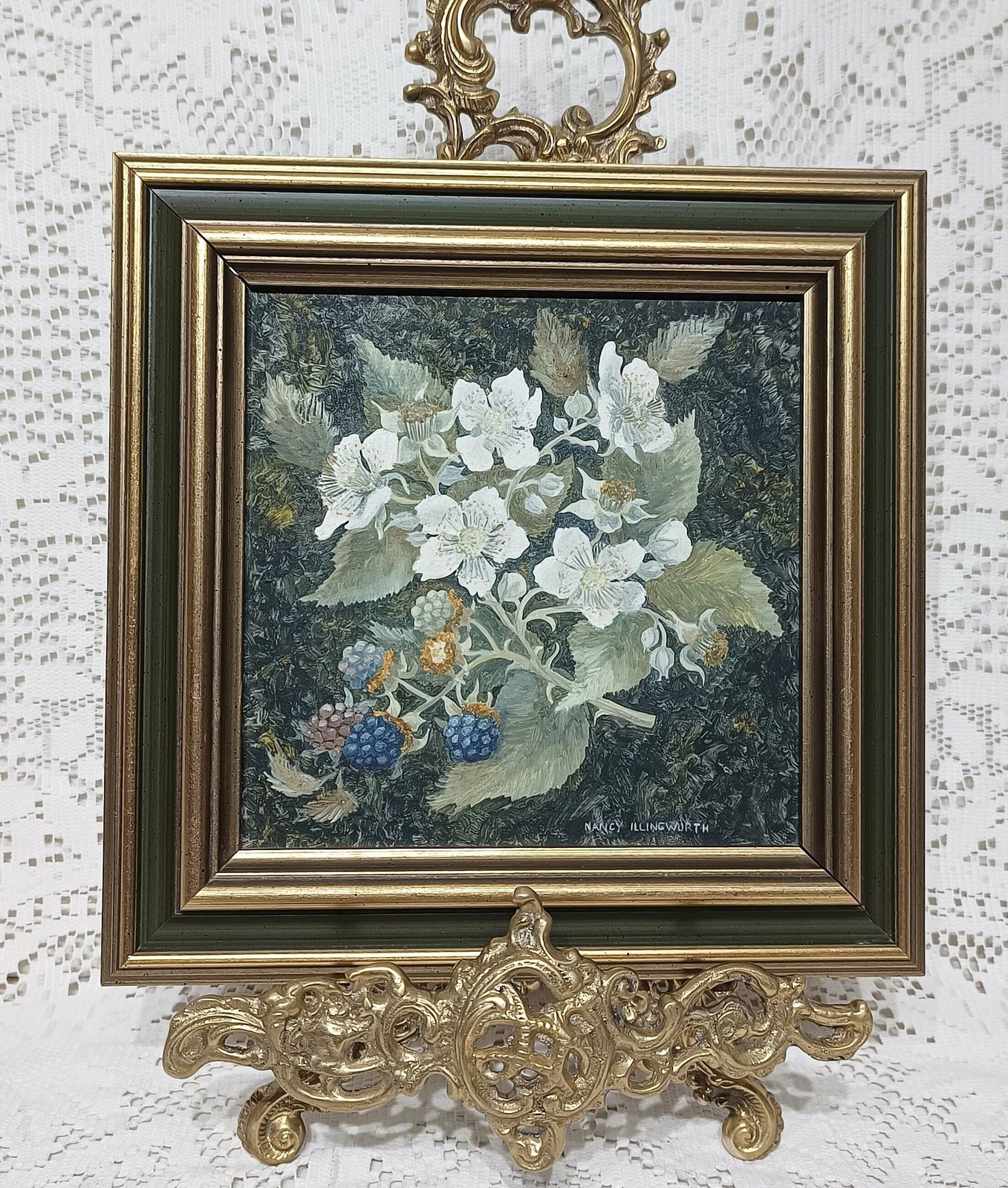 Original Oil Painting Still Life Black Berry And White Blossom Signed Nancy Illingworth.