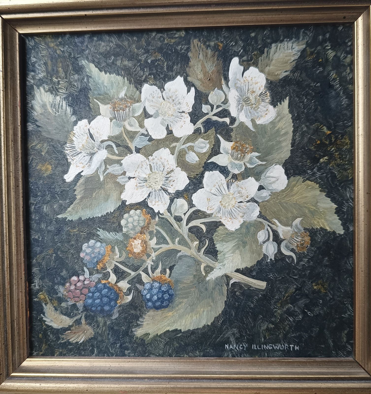 Original Oil Painting Still Life Black Berry And White Blossom Signed Nancy Illingworth. photo for sale