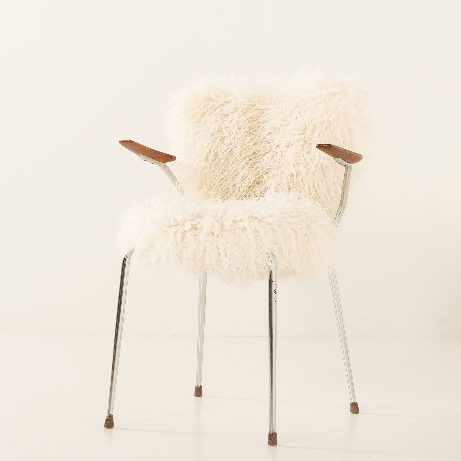 photo for sale Mid Century Long Hair Sheepskin Chair In The Style Of Arne Jacobsen, Denmark 1950s