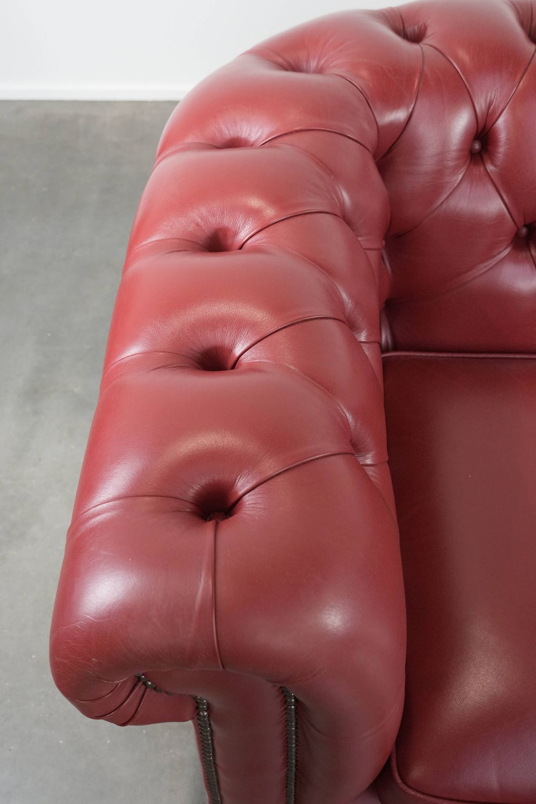 Beautiful English 2.5 Seater Cowhide Chesterfield Sofa In A Stunning Red Color. photo buy
