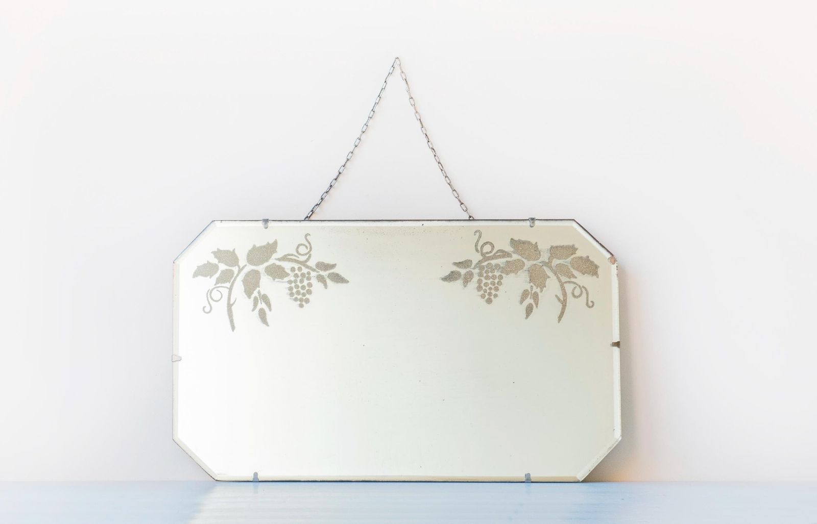 Art Deco Wall Mirror With Grapes Motif & Hanging Chain   Antique Frameless Etched Glass Mirror photo buy