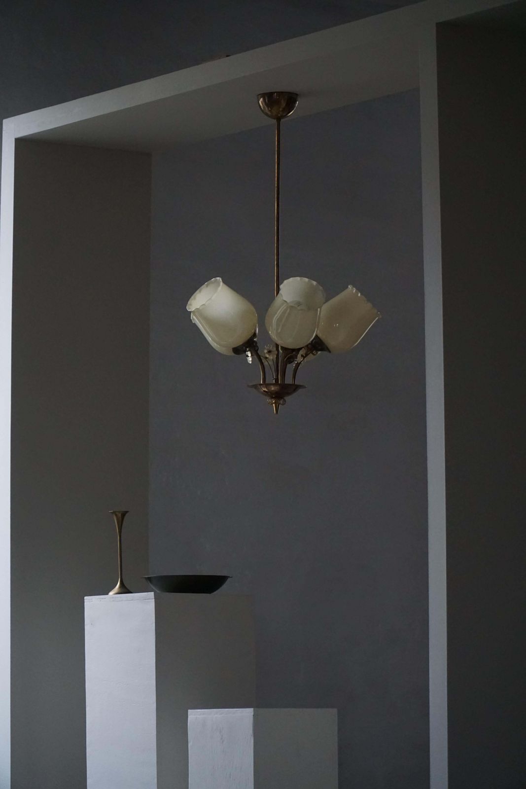 Mid Century Modern, Chandelier In Brass & Glass, Itsu, Finland, 1950s photo for sale