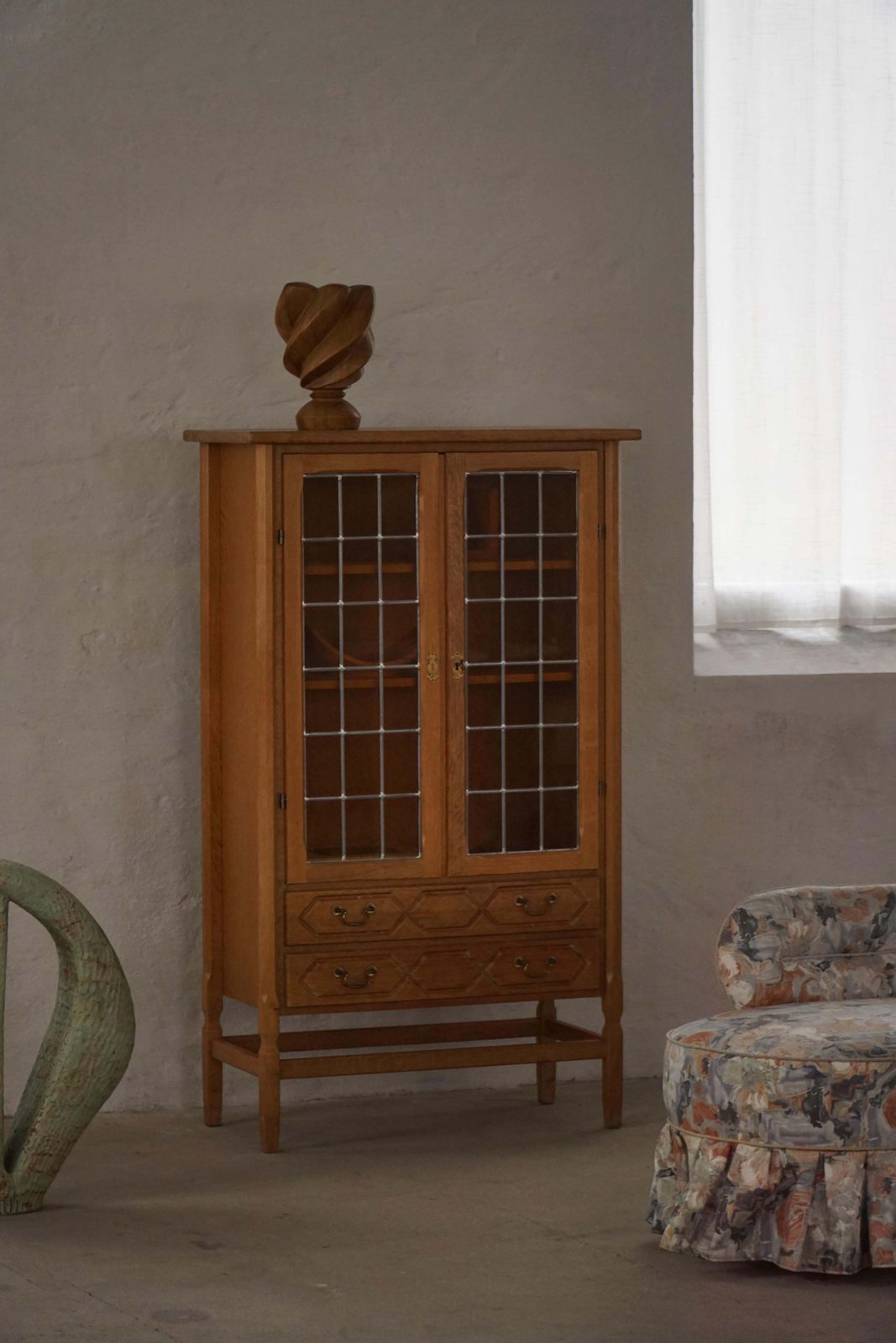 Danish Mid Century, Modern Oak Display Cabinet With Leaded Glass, 1960s photo furniture