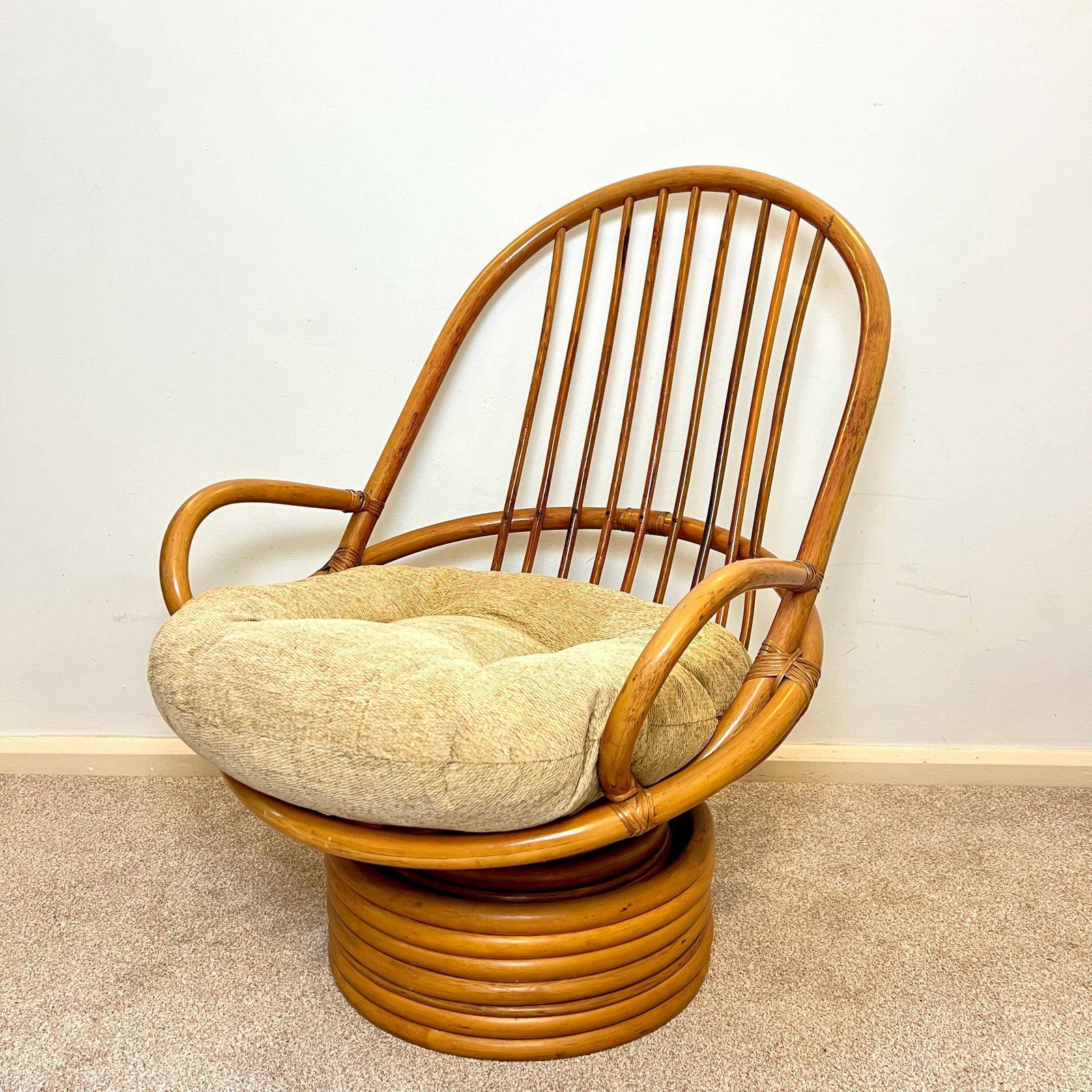 Vintage Bamboo Cane Swivel Egg Chair With Seat Cushion photo furniture