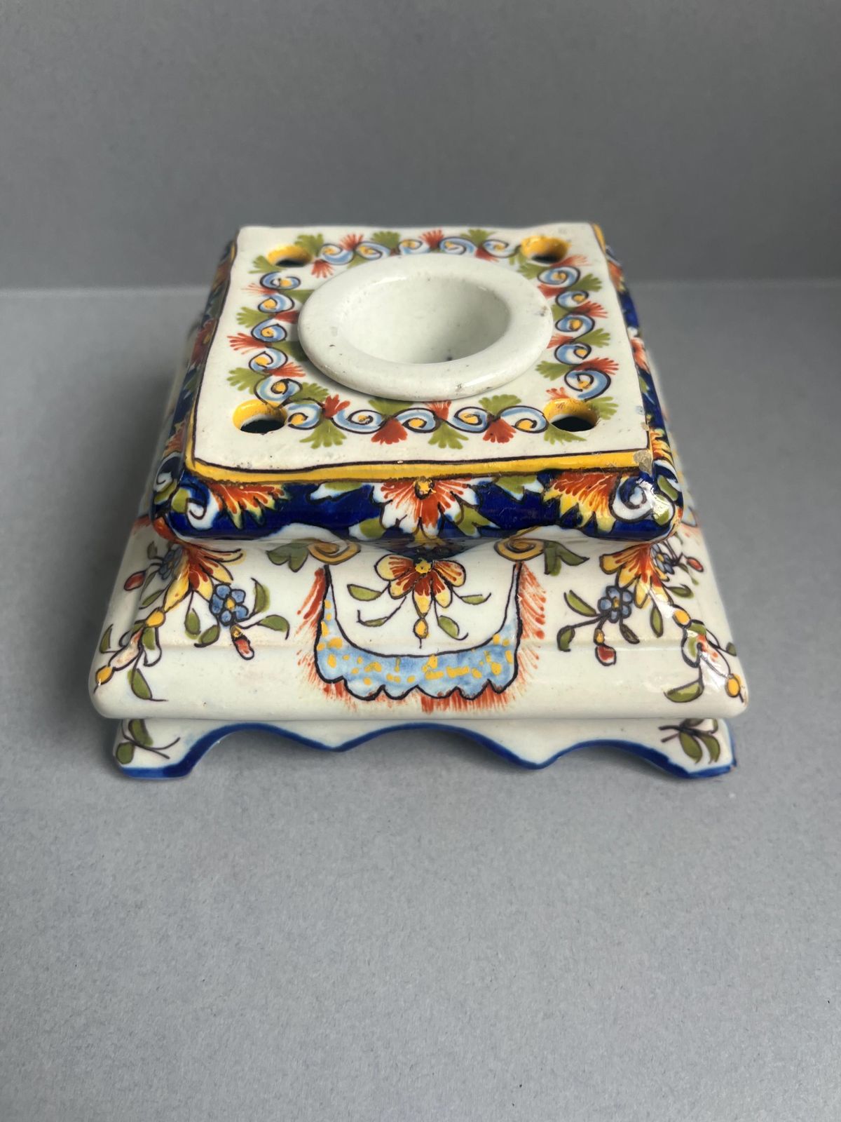 Antique French Porcelain Inkwell Stand | Hand Painted Rococo Revival Desk Accessory | Faince Candle Holder photo for sale