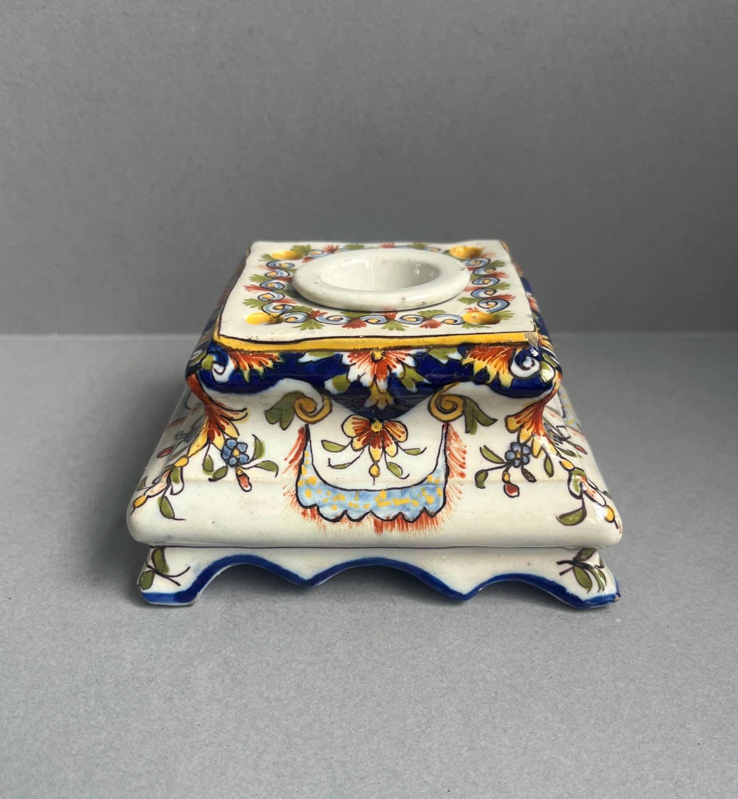 Antique French Porcelain Inkwell Stand | Hand Painted Rococo Revival Desk Accessory | Faince Candle Holder photo 58.0