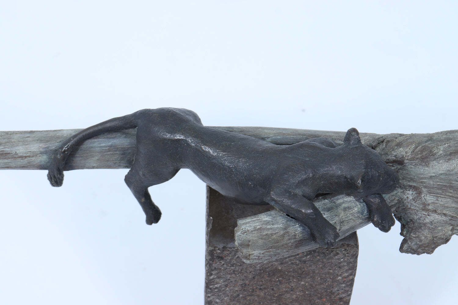 photo vinterior Bronze Sculpture Of A Resting Lioness On Cold Painted Log
