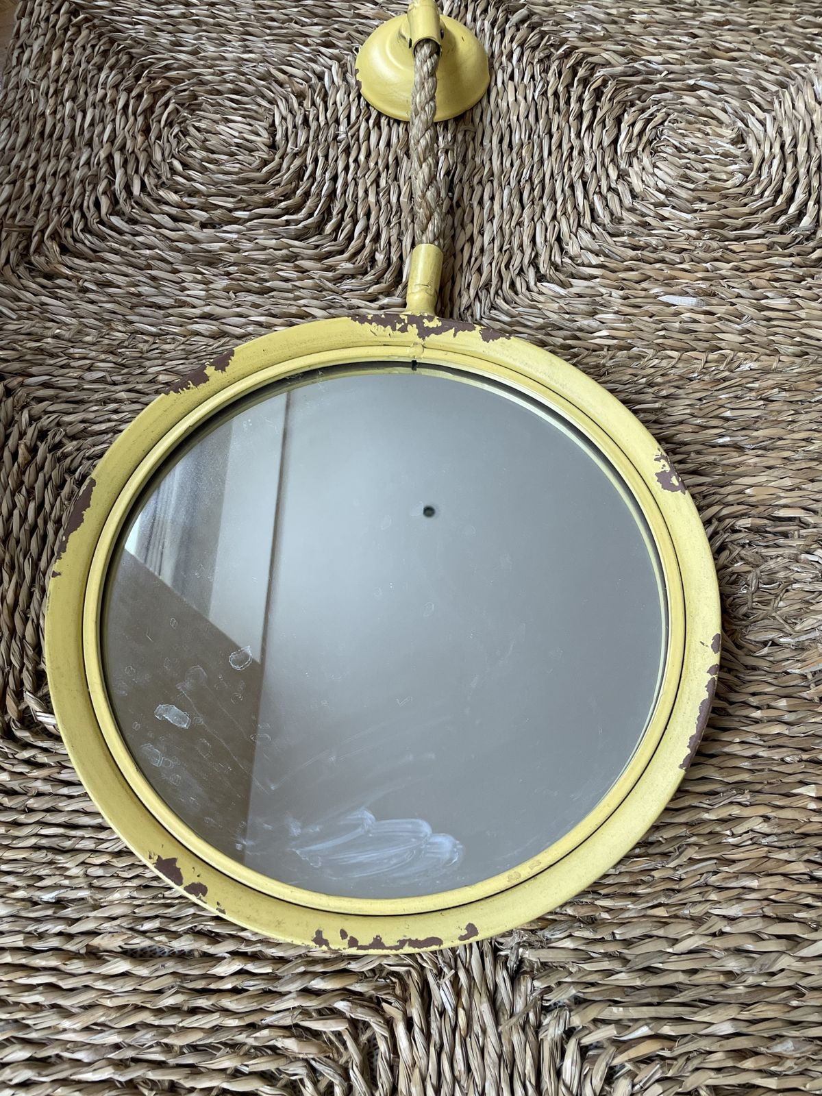 Pair Of Distressed Yellow Metal "Port Hole" Mirrors With Jute Rope Detail