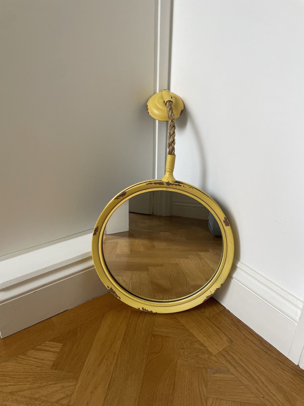 Pair Of Distressed Yellow Metal "Port Hole" Mirrors With Jute Rope Detail photo for sale