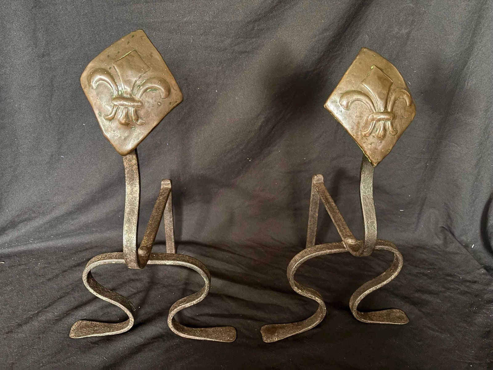 Arts And Crafts Fire Dogs With Hammered Copper Fleur De Lis Design