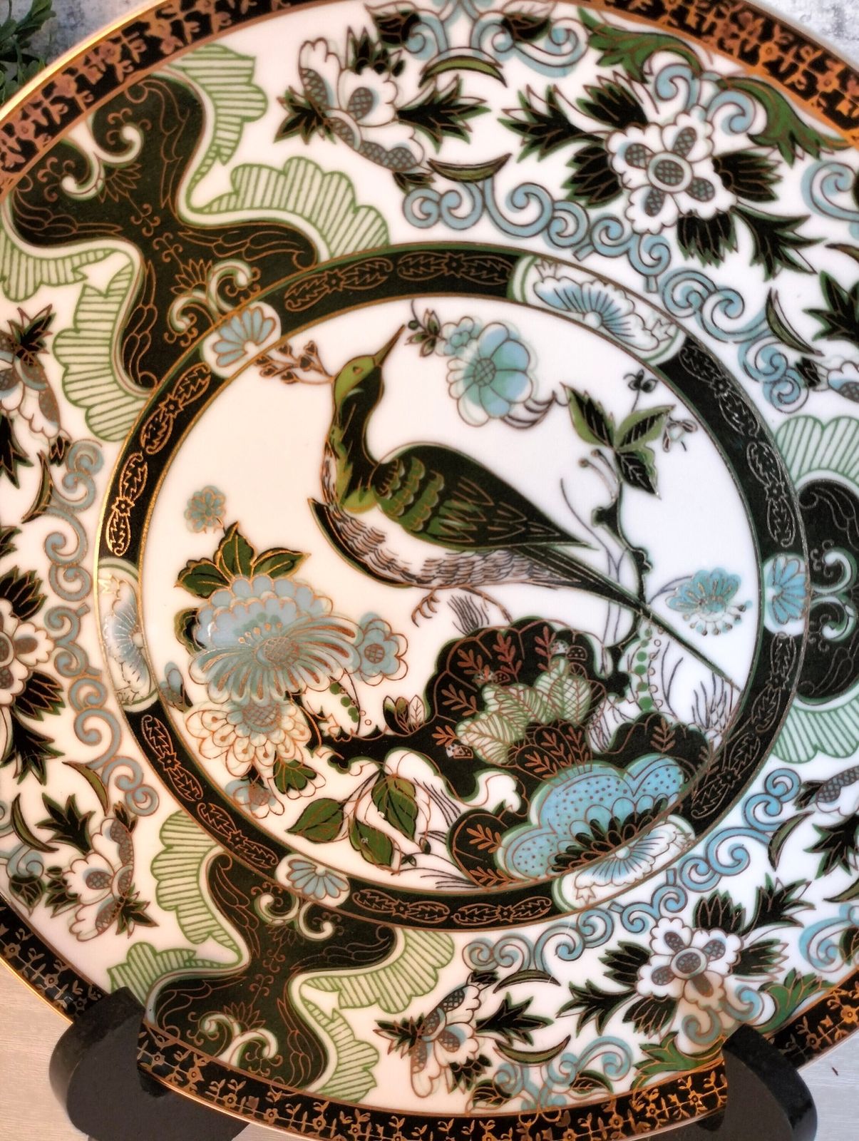 Vintage French Ceramic Bird Wall Plate, Green Chinoiserie Decor photo 50.02