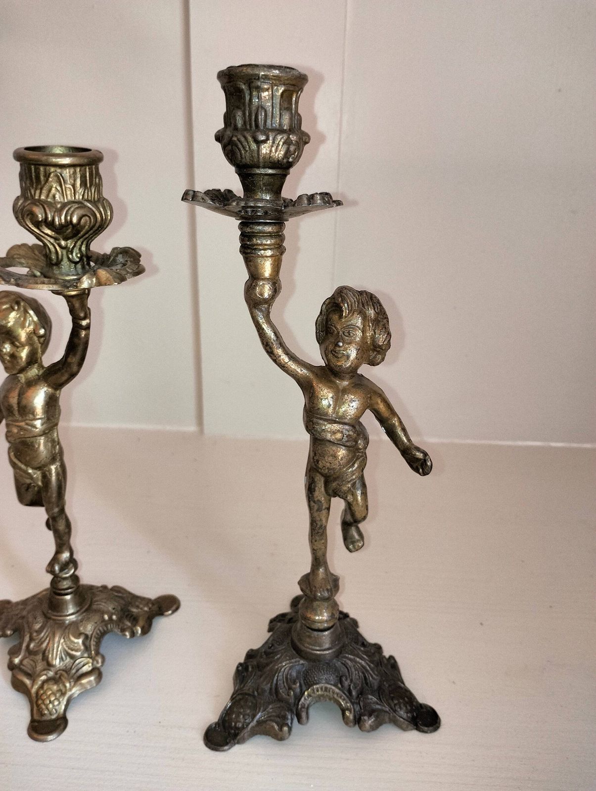 Vintage French Brass Cherub Candlestick, Art Nouveau Candle Holder photo for sale