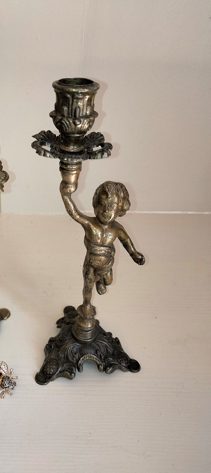 Vintage French Brass Cherub Candlestick, Art Nouveau Candle Holder photo Home Decor