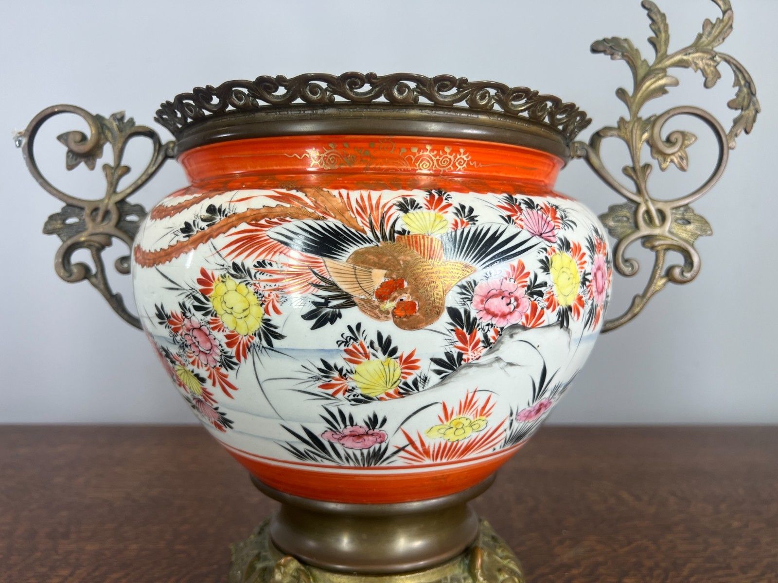 Vase Vintage French Style Porcelain Urn Brass Handles Decorative Lot 4767 photo for sale