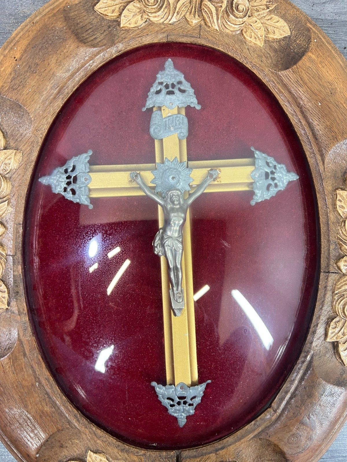 Crucifix Vintage French Style Oak Carved Wall Cross Religious Lot 4770 photo for sale