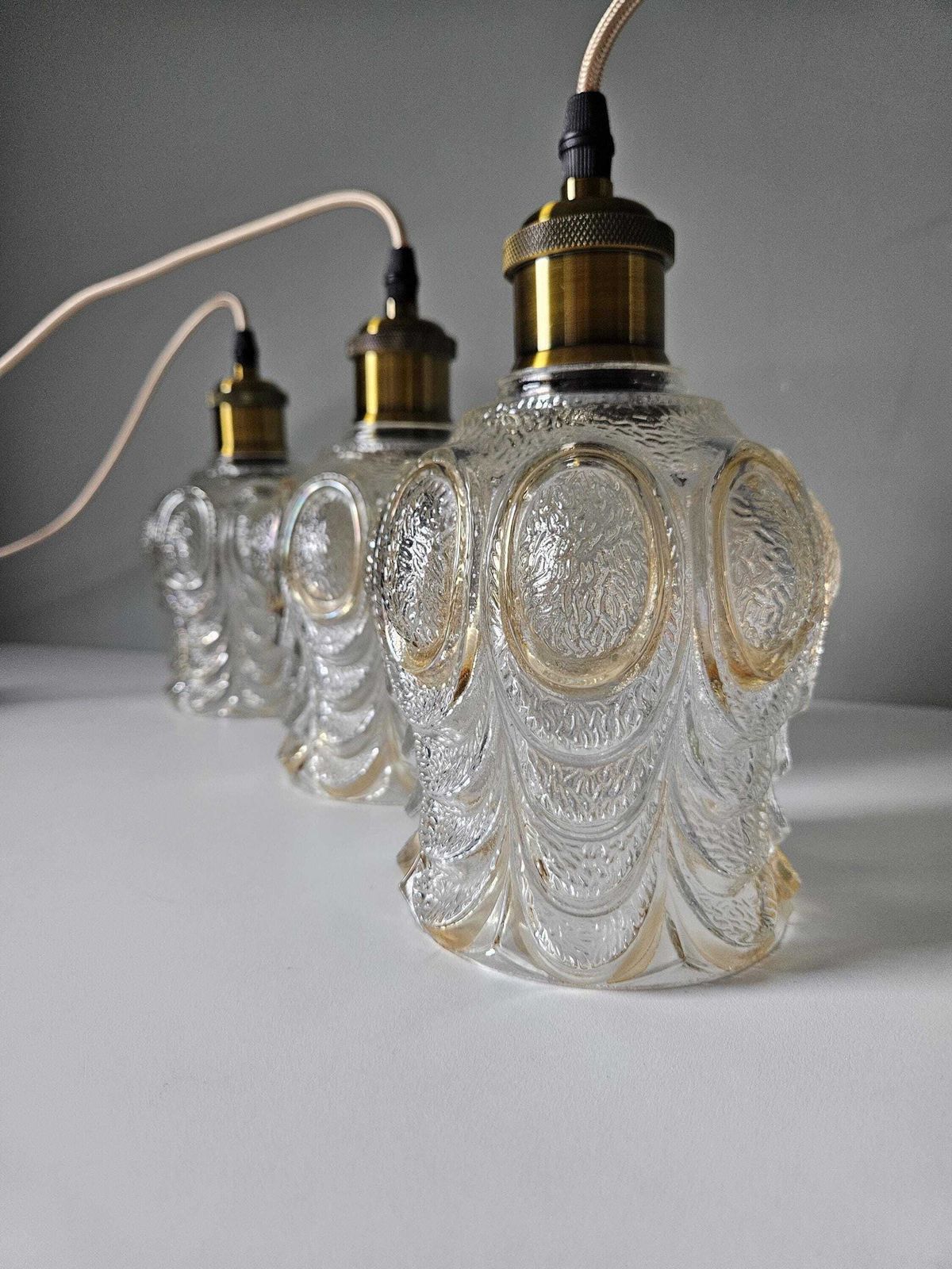 photo for sale Set Of 3 Vintage Glass Pendant Lights | Textured Clear Glass | Brass Tone Kitchen Island Lighting