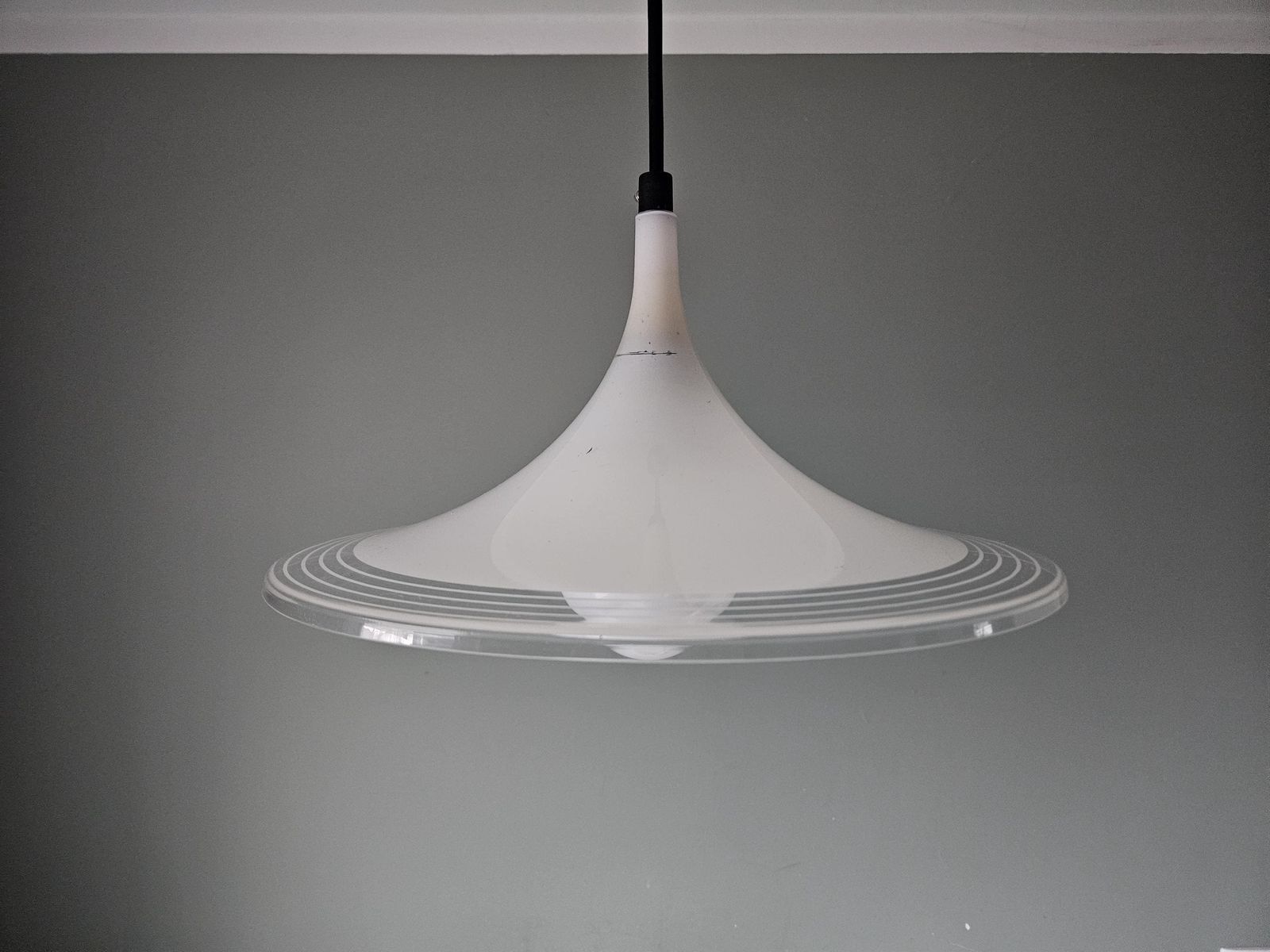 118.0 Vintage Meblo Trumpet Pendant Light | White Glass Mid Century Ceiling Lamp | Yugoslav Design photo