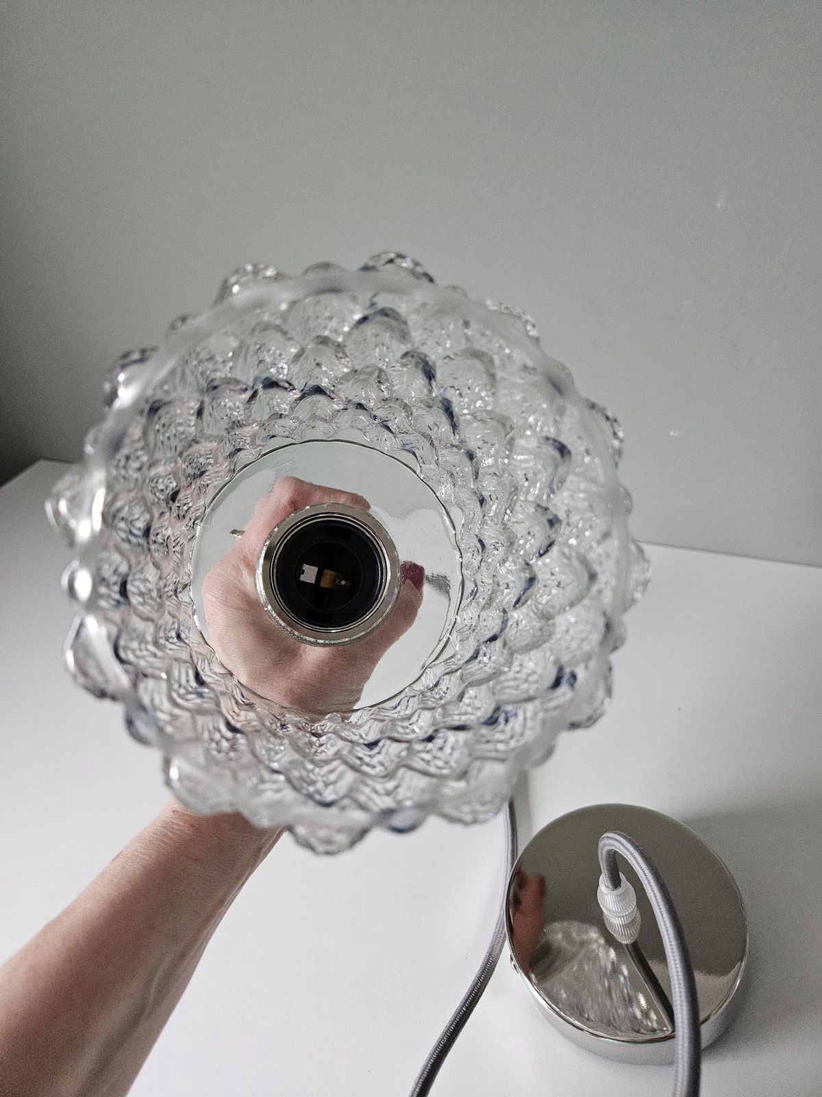 Set Of 3 / Vintage Textured Glass Pendant Light – Clear Pressed Glass, Rewired photo 196.0