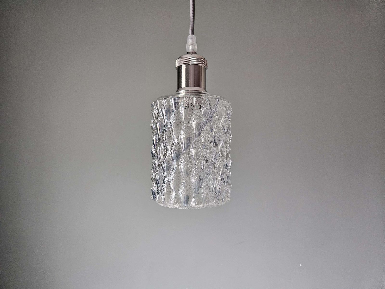 photo for sale Set Of 3 / Vintage Textured Glass Pendant Light – Clear Pressed Glass, Rewired