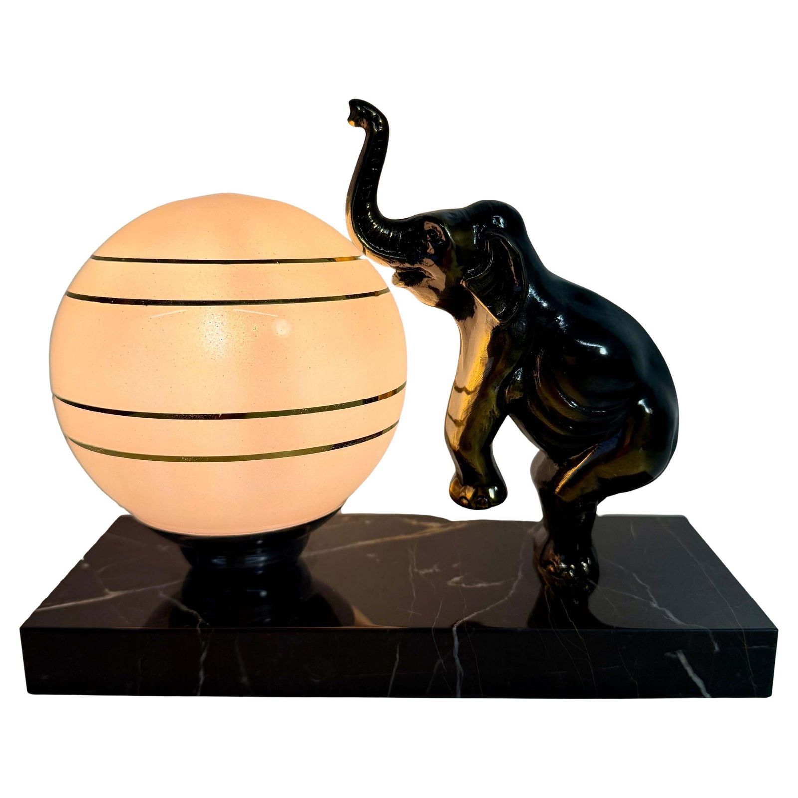 French Art Deco Table Lamp With Elephant Sculpture And Pink Sphere, 1950s
