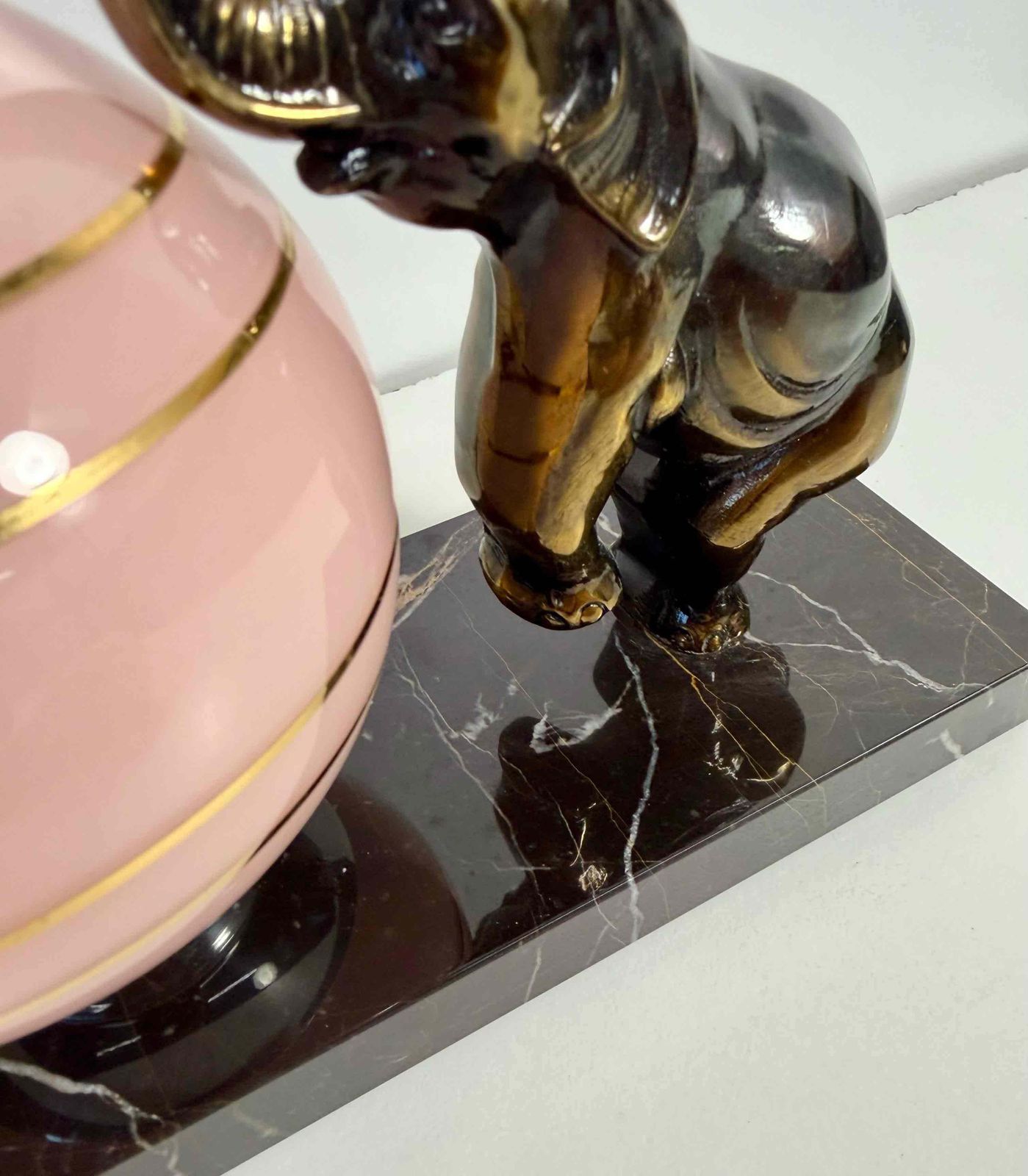 French Art Deco Table Lamp With Elephant Sculpture And Pink Sphere, 1950s photo vinterior