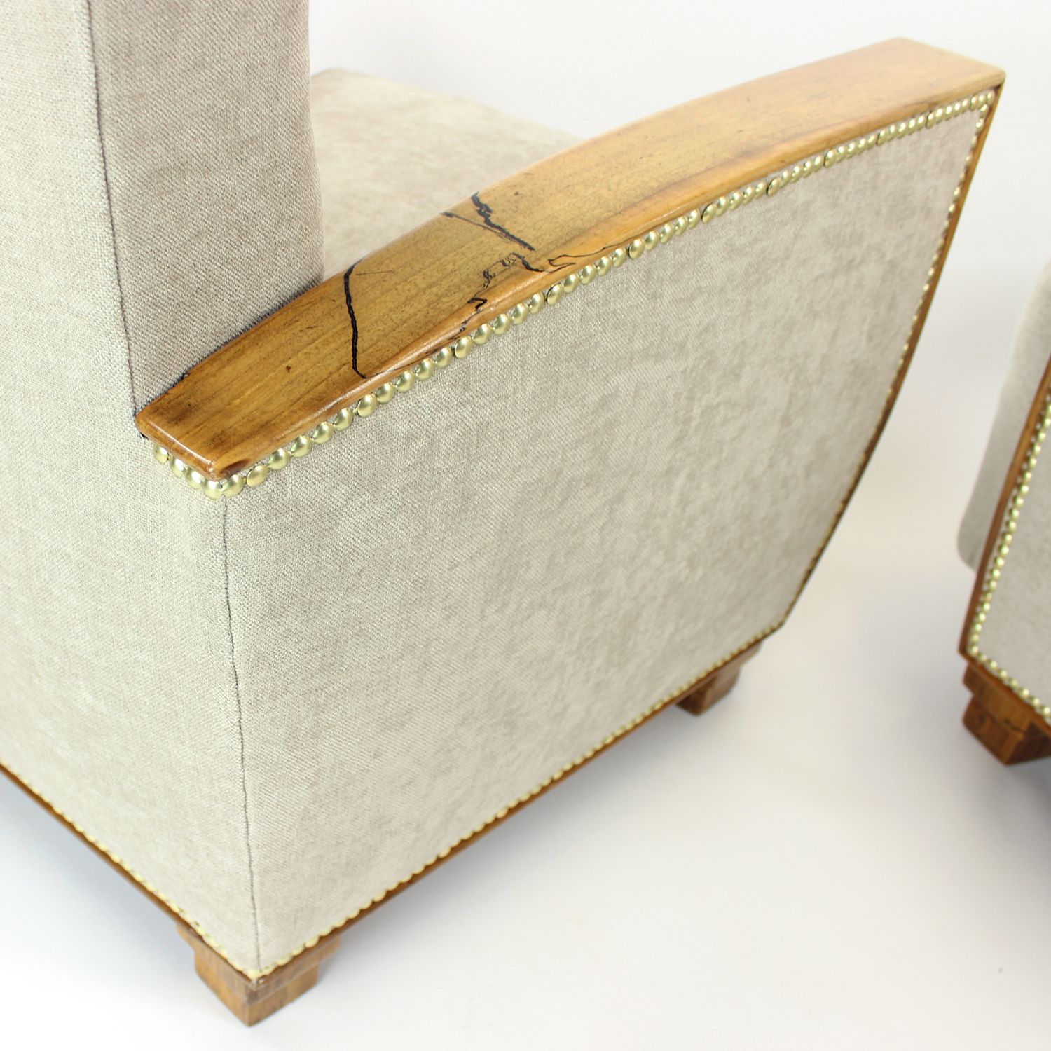 Set Of Two Art Deco Armchairs In Walnut And Fabric, Czechoslovakia 1930s photo vinterior