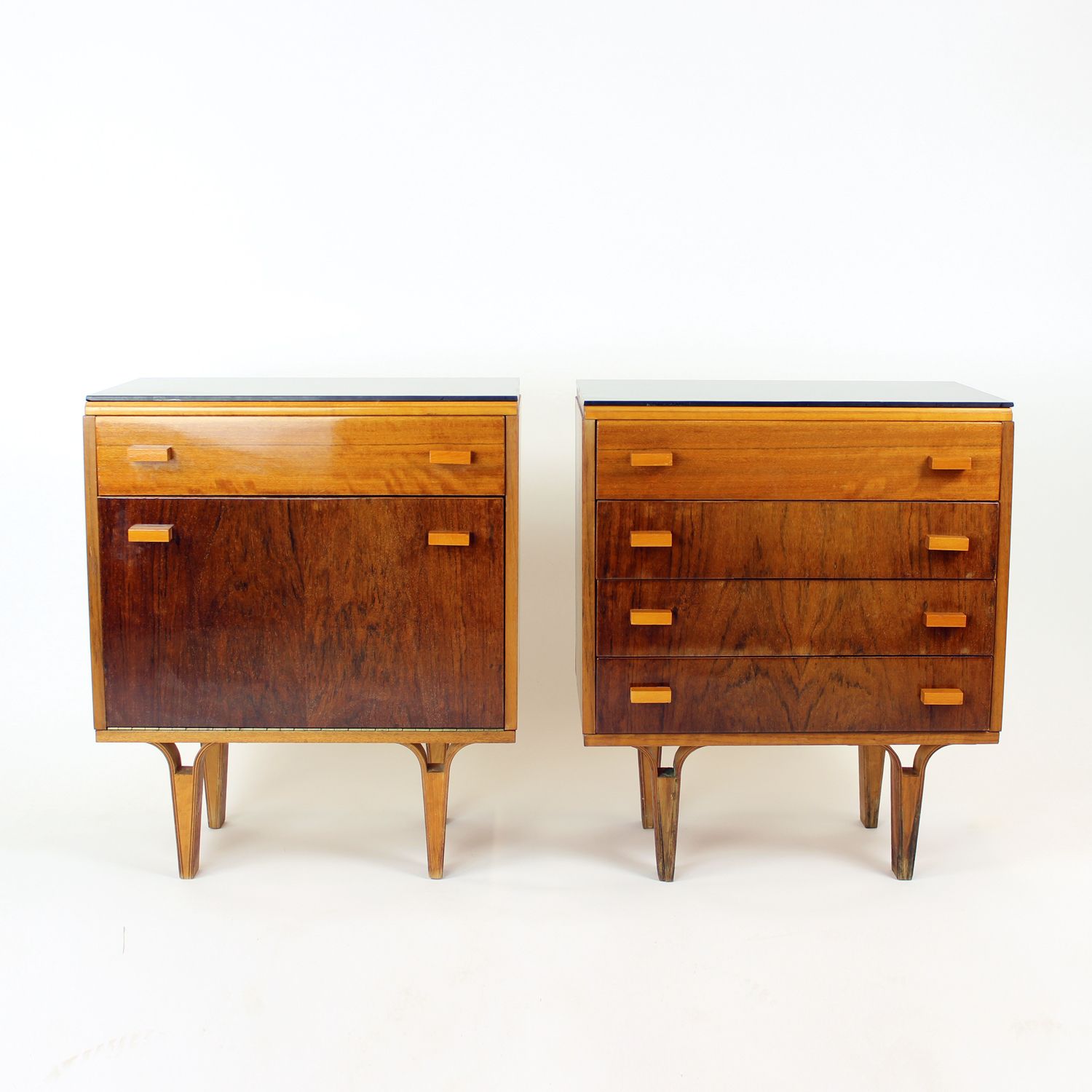 Set Of Mid Century Bedside Tables In Walnut And Black Glass, Czechoslovakia 1960s photo Furniture