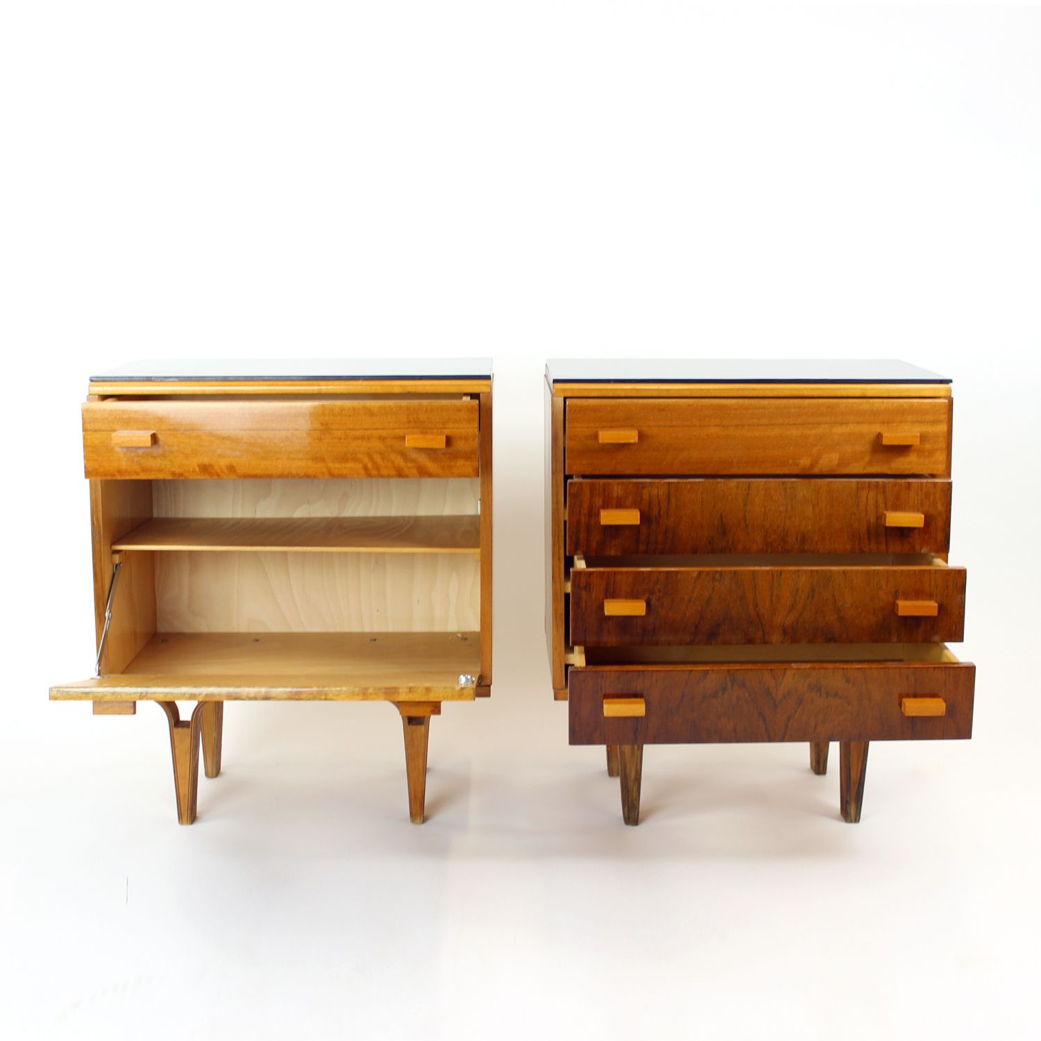Set Of Mid Century Bedside Tables In Walnut And Black Glass, Czechoslovakia 1960s photo buy