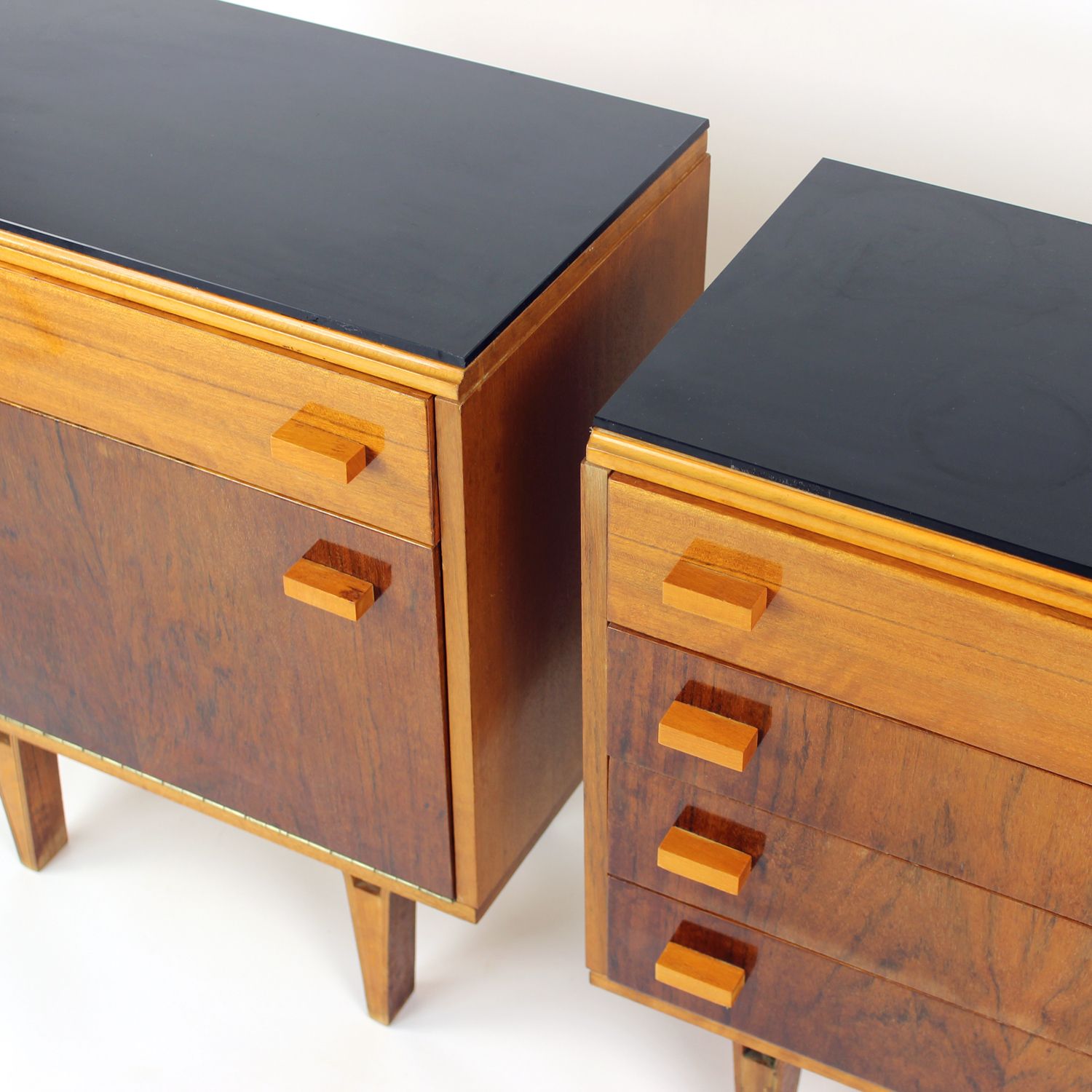 1220.0 Set Of Mid Century Bedside Tables In Walnut And Black Glass, Czechoslovakia 1960s photo