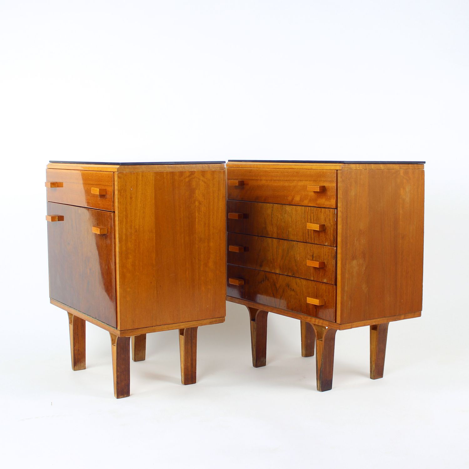 photo buy Set Of Mid Century Bedside Tables In Walnut And Black Glass, Czechoslovakia 1960s