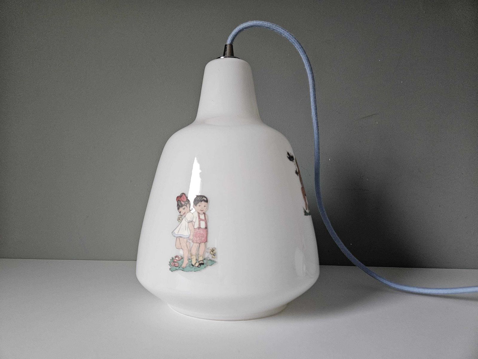 Vintage Children’s Glass Pendant Light – Illustrated Milk Glass, Rewired With Blue Textile Cable photo for sale