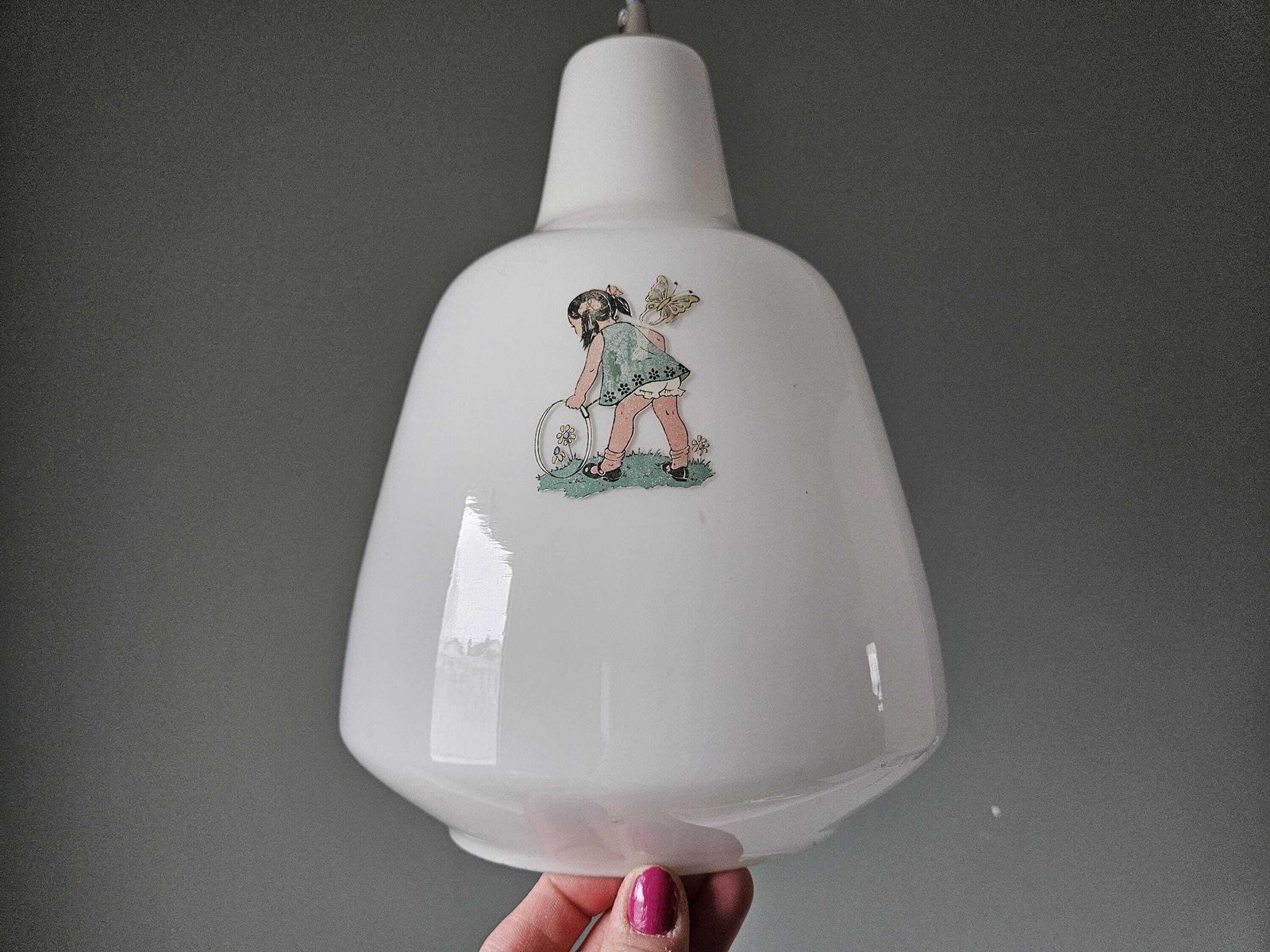 Vintage Children’s Glass Pendant Light – Illustrated Milk Glass, Rewired With Blue Textile Cable photo 177.0
