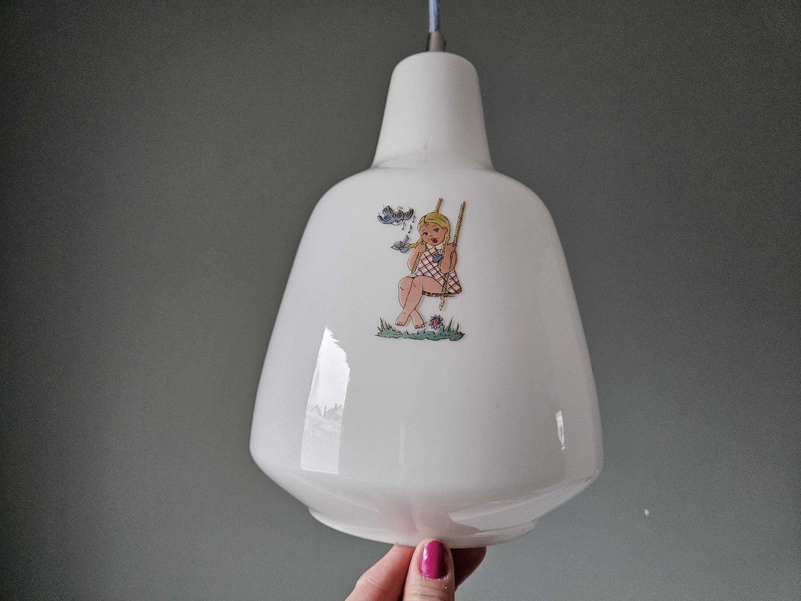 Vintage Children’s Glass Pendant Light – Illustrated Milk Glass, Rewired With Blue Textile Cable photo buy