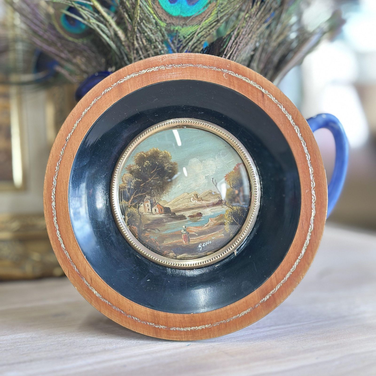 Antique Miniature Oil On Copper Landscape Round Tondo Frame Signed 19th C photo for sale