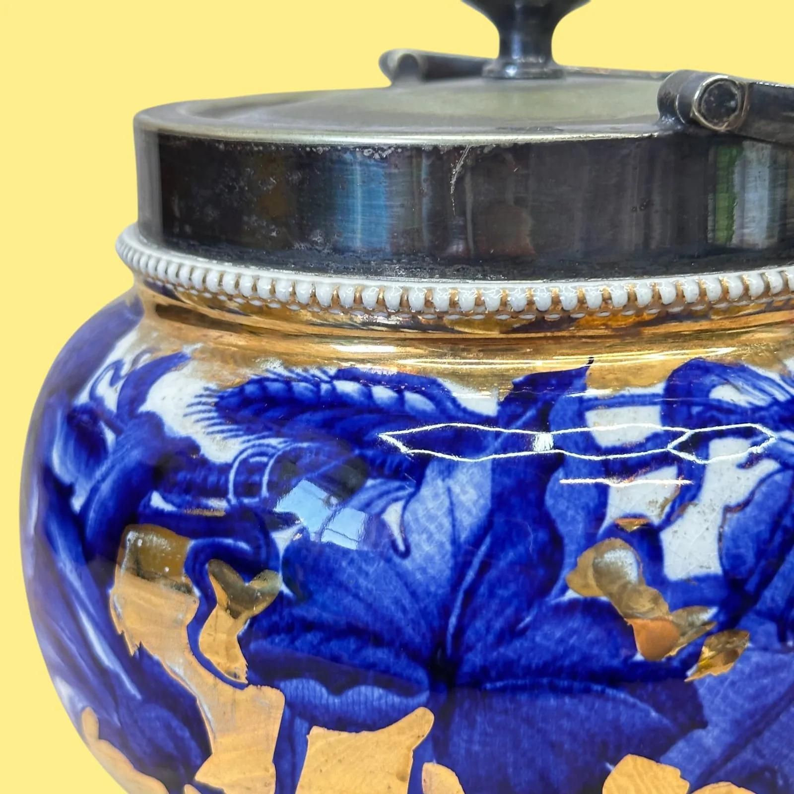 Antique Royal Crown Derby Biscuit Barrel With Epns Silver Plate Lid, Blue & Gold photo for sale
