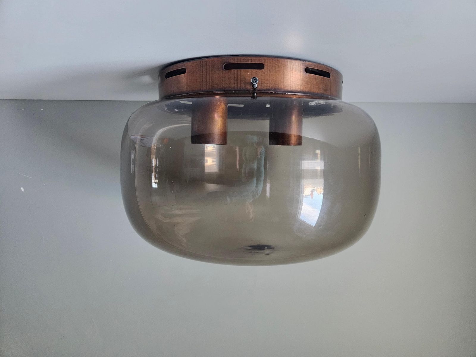 Vintage Glass Flush Mount Ceiling Light | Smoked Glass Shade | Copper Tone Fixture | Mid Century Style