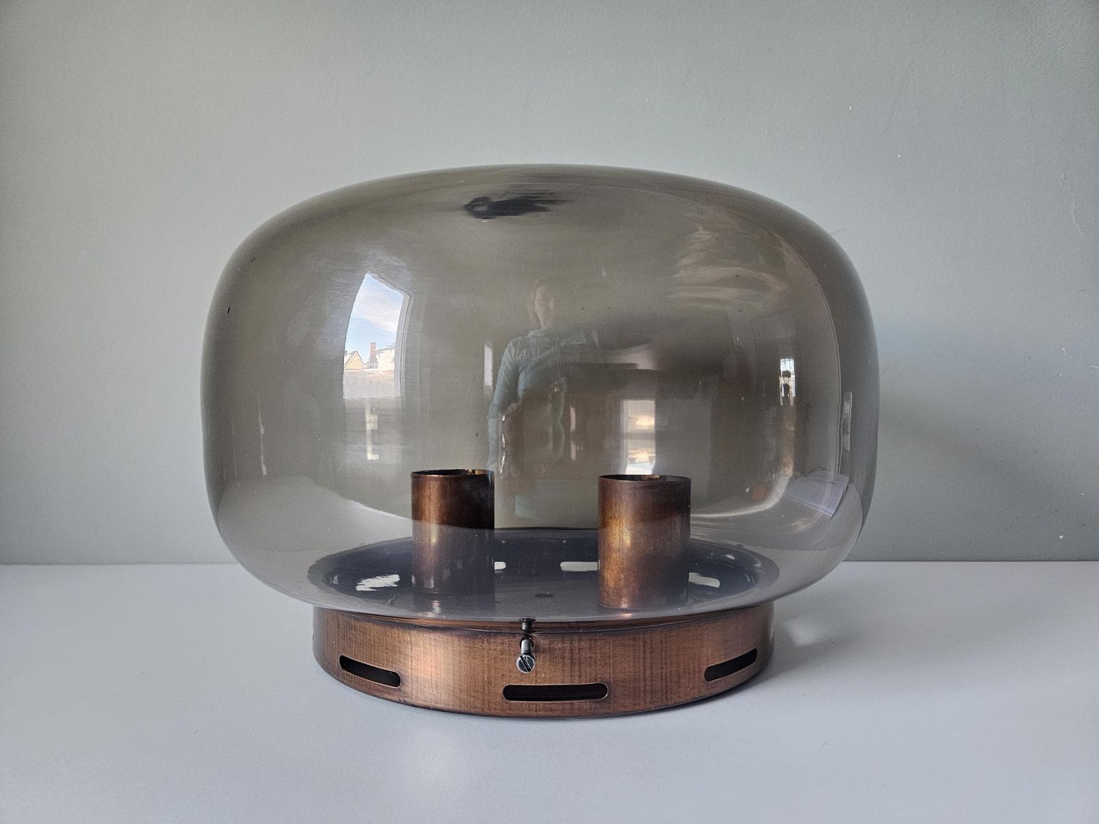 Vintage Glass Flush Mount Ceiling Light | Smoked Glass Shade | Copper Tone Fixture | Mid Century Style photo for sale