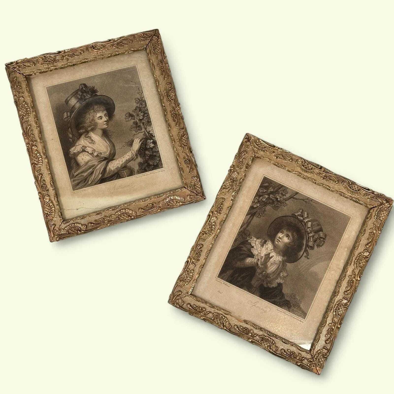 Antique Bartolozzi Stipple Engravings Pair, Proof Print, R. Westall, Seasons, Gilt Frame photo buy