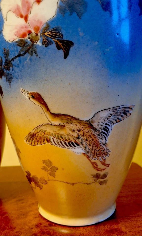 Antique Pair Large Japanese Satsuma Vases Depicts Geese & Blossoms Meiji Period photo buy