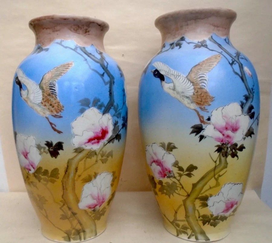 photo furniture Antique Pair Large Japanese Satsuma Vases Depicts Geese & Blossoms Meiji Period