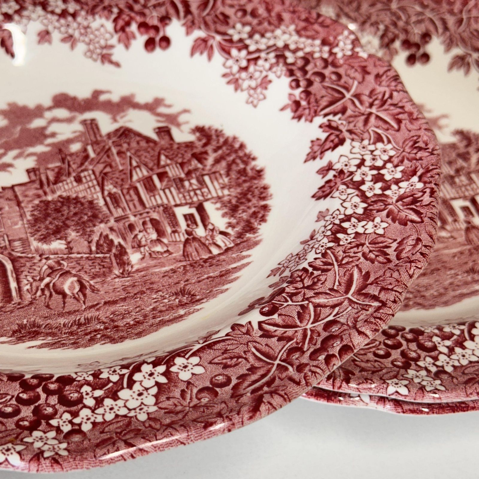 J & G Meakin Merrie England Red Transferware Soup Bowls Set Of 6 Vintage Ironstone photo vinterior